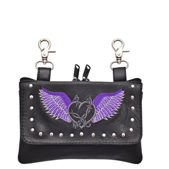 EUC Leather Belt Bag with Black Heart & Purple Wings - Picture 1 of 6